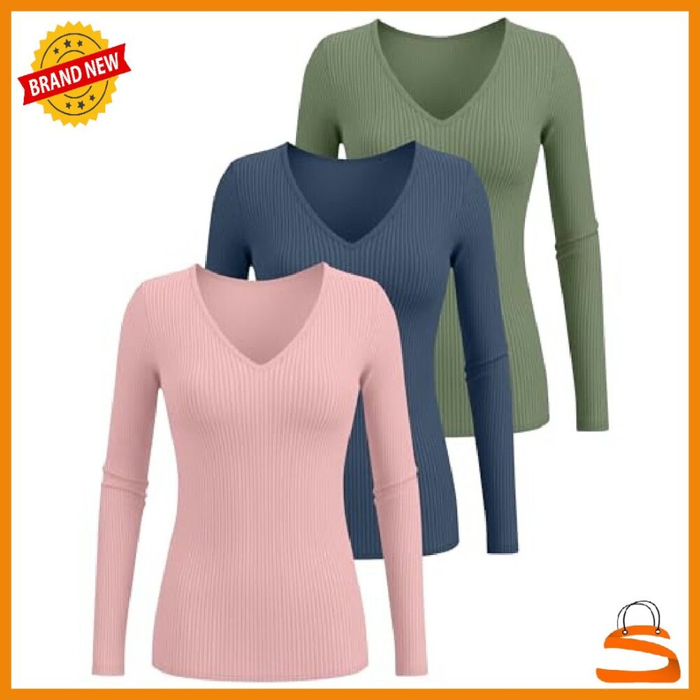 Women's Slim Fit Long Sleeve V-Neck T-Shirts 3 Pack Cotton Blend Basic Tees - Picture 5 of 8
